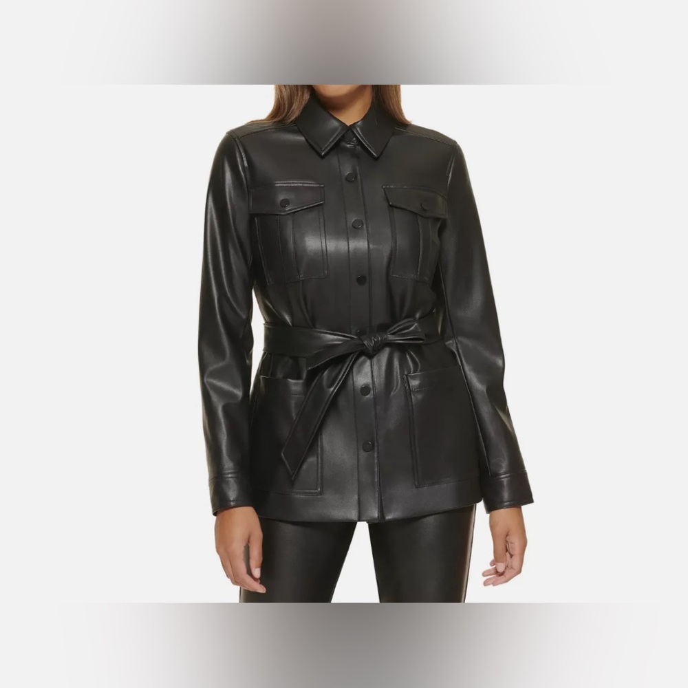 🌹Calvin Klein Tie Waist Belted Faux-leather Jacket - Picture 13 of 14